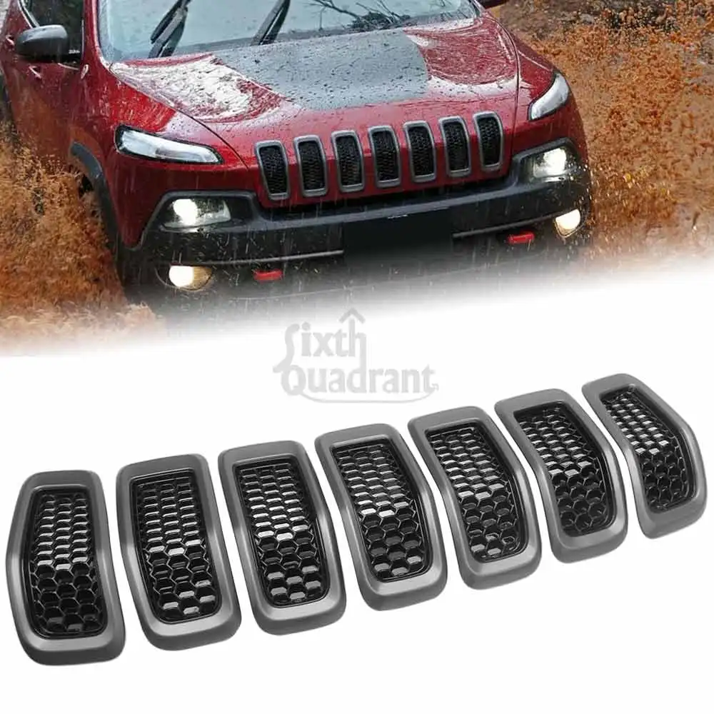 

7Pcs Gray Black Front Honeycomb-Mesh Grill Grille Insert Trim Ring Cover For Jeep Cherokee 2014 2015 2016 2017 2018