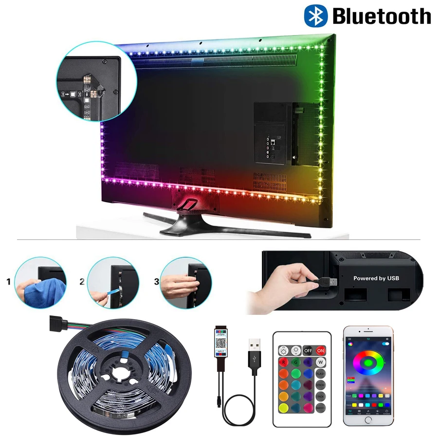 Tira de luces LED 2835 5050 USB Bluetooth cinta de lámpara Flexible Sensor de sonido de 3 teclas cinta RGB 1M 2M 3M 4M DC5V decoración TV retroiluminación