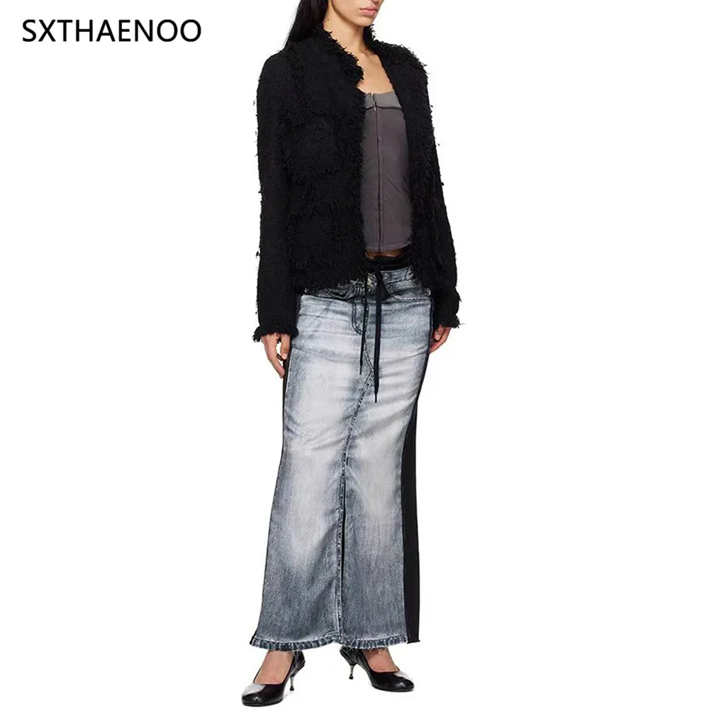 

SXTHAENOO женская джинсовая юбка макси модный потертый подол на шнурке на талии стильный повседневный летний низ с карманами уникальный дизайн