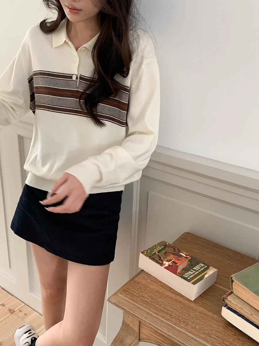 

Autumn and winter women's casual striped lapel long sleeved loose sweater