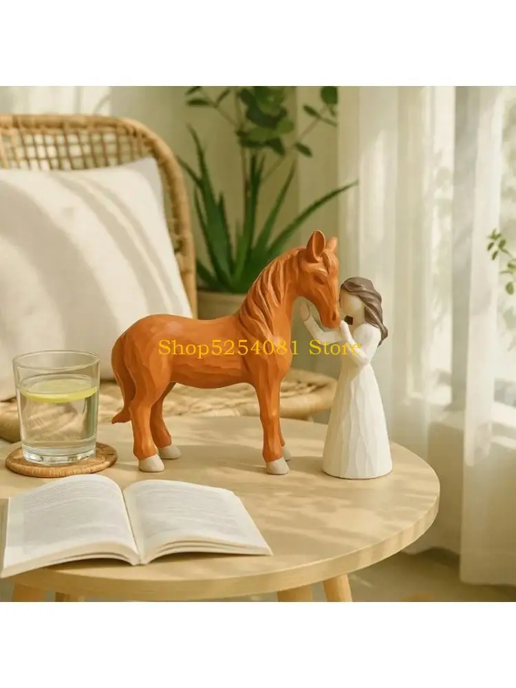 AXYC Girl Embraces Horse Resin Art Statue Elegant Animal Sculpture Gift For Animal Lover Living Room Desktop Shelf Display