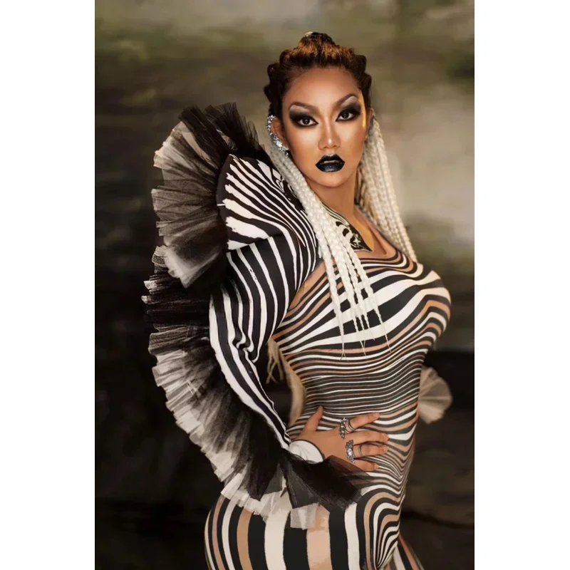 New Fashion Zebra Pattern Jumpsuit Women Singer Sexy Stage Outfit Bar DS Dance Cosplay Bodysuit Performance Show Costume E