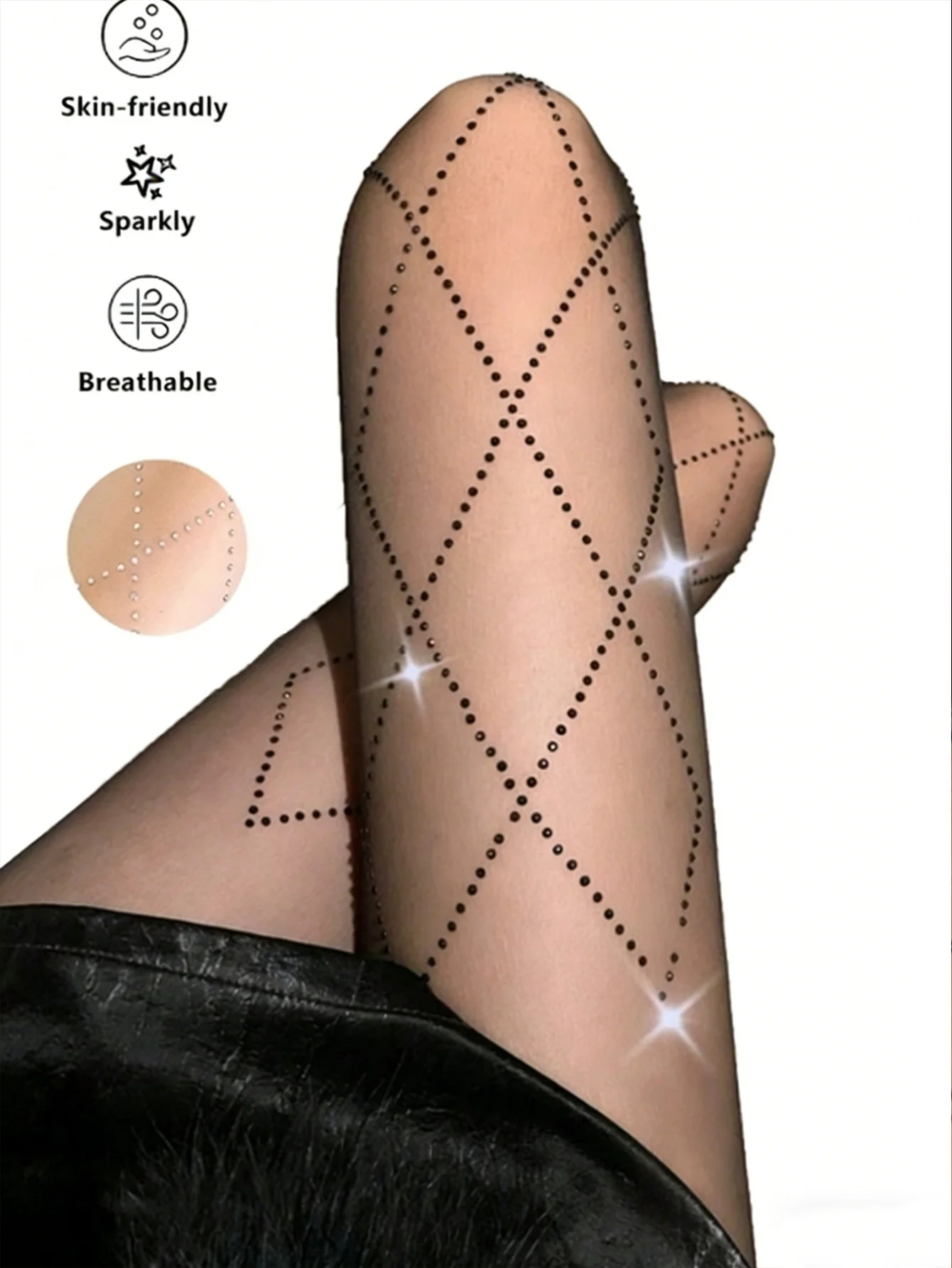 Damen Schwarze Transparente Strumpfhose mit Rautenmuster & Strass-Detail, Hochelastische Sexy Strümpfe für Nachtclub & Glam-Party-Outfit