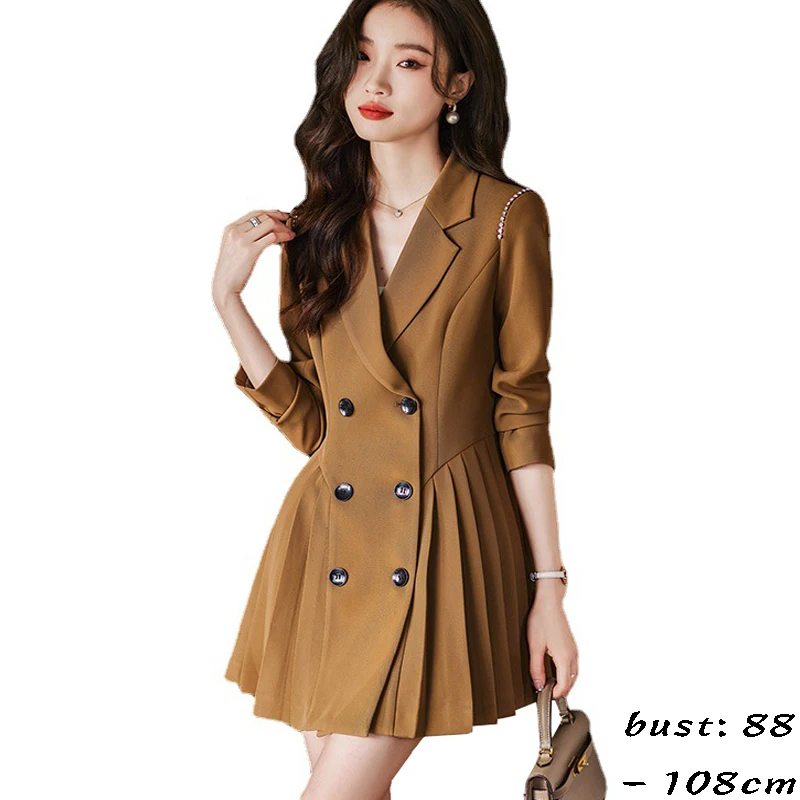 

High quality short blazer dress for women long sleeve pleated dress 2024 spring lady elegant office clothing black brown green