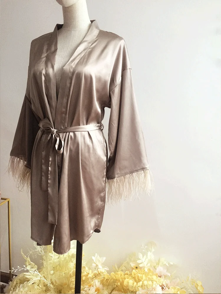 Coffee Short Robe Silky Kimono with Feather Robe with Long Sleeves Bride Robe Boudoir Robes Dressing Gown Bridesmaid Bridal Robe