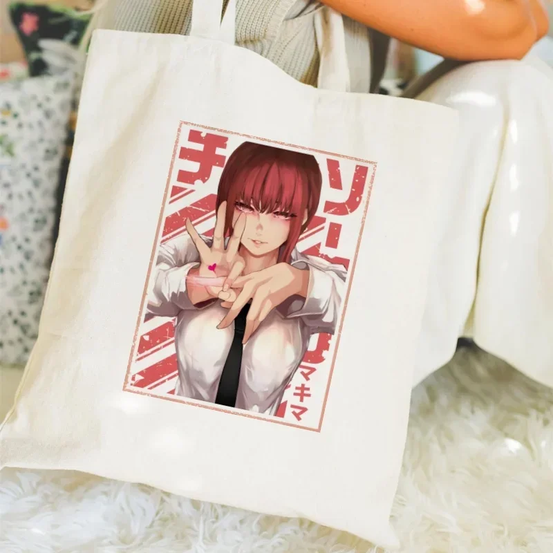 Chainsaw Man MAKIMA Japanese Anime Manga Women Printed Handbags Canvas Tote Shopping Bags Reusable Shopping Bag Eco Foldable