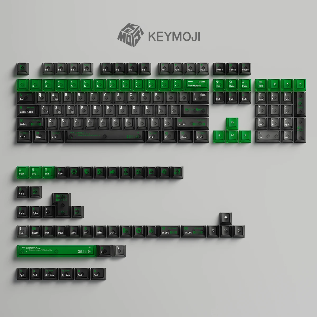 KEYMOJI Hello World Theme Keycap Set – Matrix-Inspired Black & Green Cherry Profile Set (149 Keys)