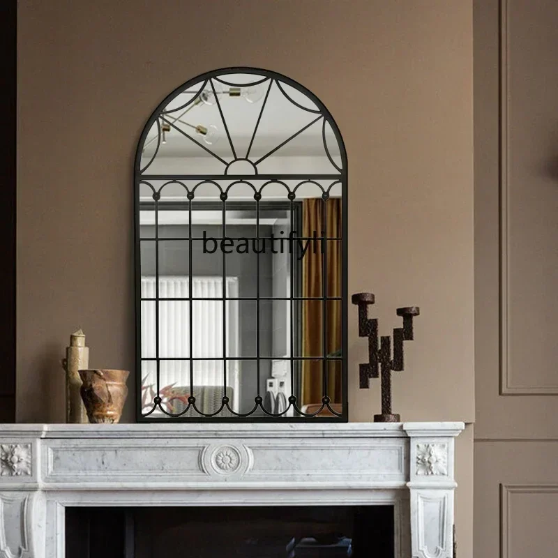 

xx1American fireplace false window mirror wall hanging soft background wall decorative mirror wall hanging light luxury LED mirr