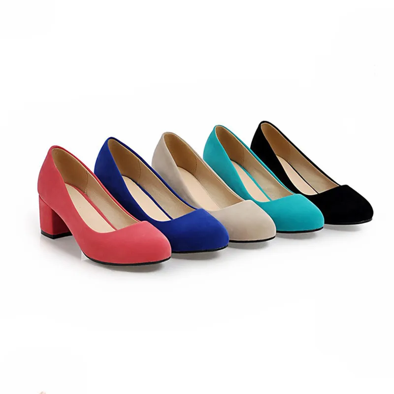 Women Square Heel Round Toe Flock Pumps Plus Size 33-34 Black Red Blue Elegant Office Shoes For Ladies Comfortable Slip Ons 5cm