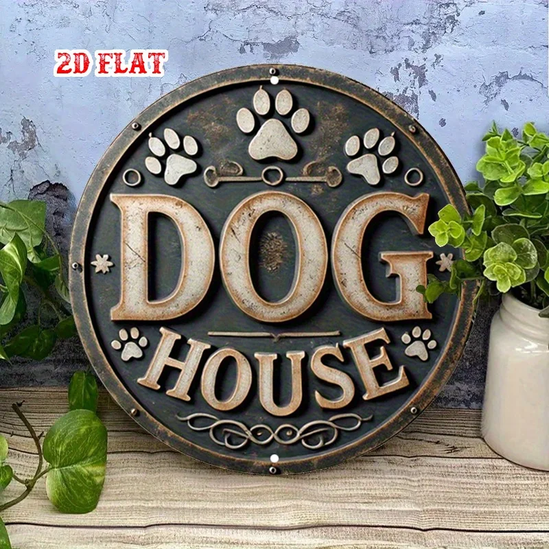 2D Flat Dog House Round Sign, Pet Lover Round Wall Decor Paw Prints Rustic Metal Wall Art, for Home Sign Metal Wall Art Decor