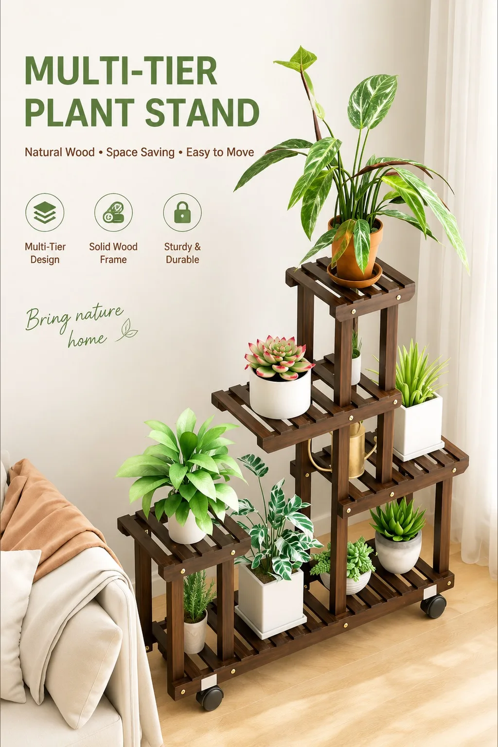Floor-Standing Mobile Plant Stand for Living Room – Rust-Resistant Wooden Flower Pot Shelf