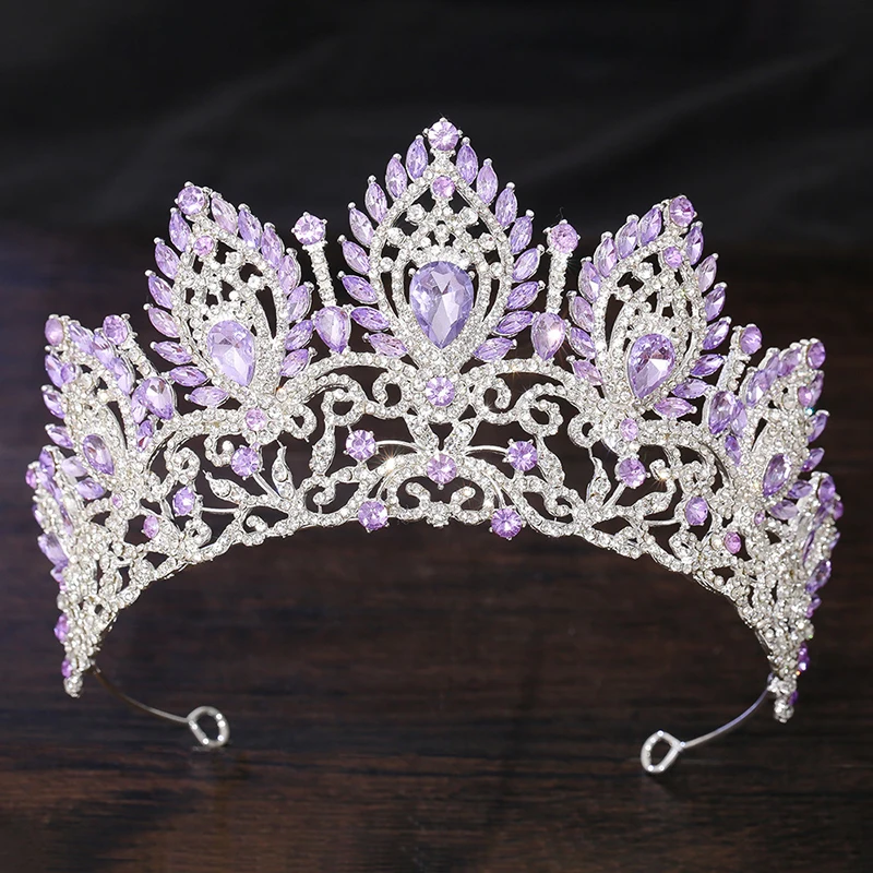 Royal Queen Purple Crown Big Diadem Bride Tiara Elegant Bridal Wedding Party Princess Crown Hair Accessory for Women