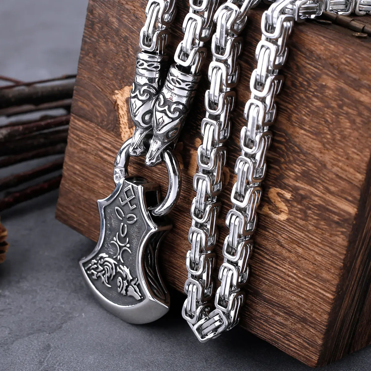 Stainless Steel Vikings Axe Pendant Dragon Head Thor Hammer Necklace Men's Fashion Vintage Odin Wolf Amulet Jewelry As Gift