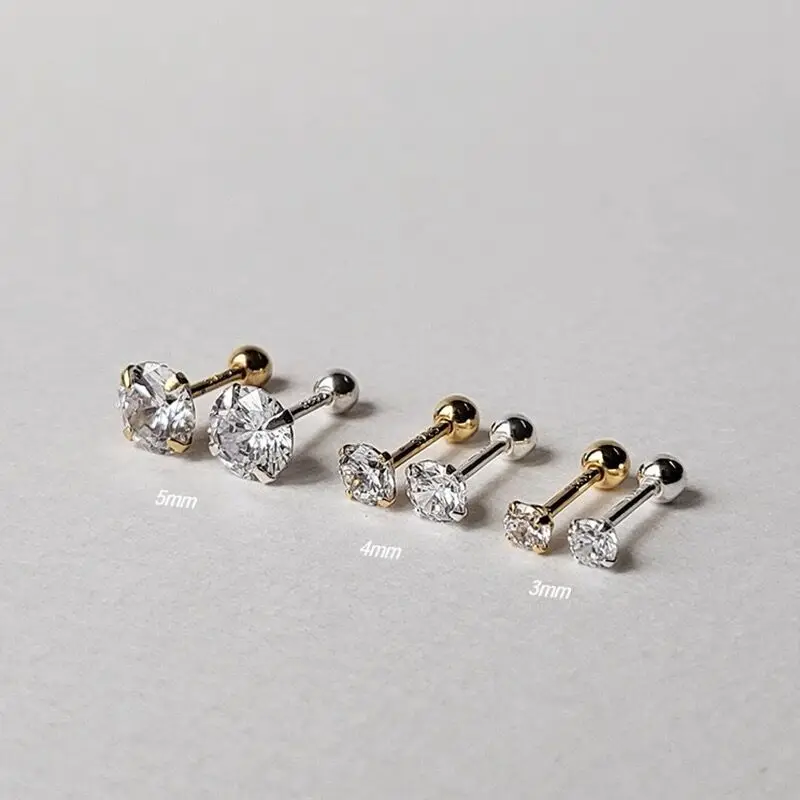 925 Sterling Silver 18K Gold Plated Screw Back Stud Earrings 3/4/5MM AAAAA Zircon Piercing Earrings Mini Cartilage Ear Jewelry