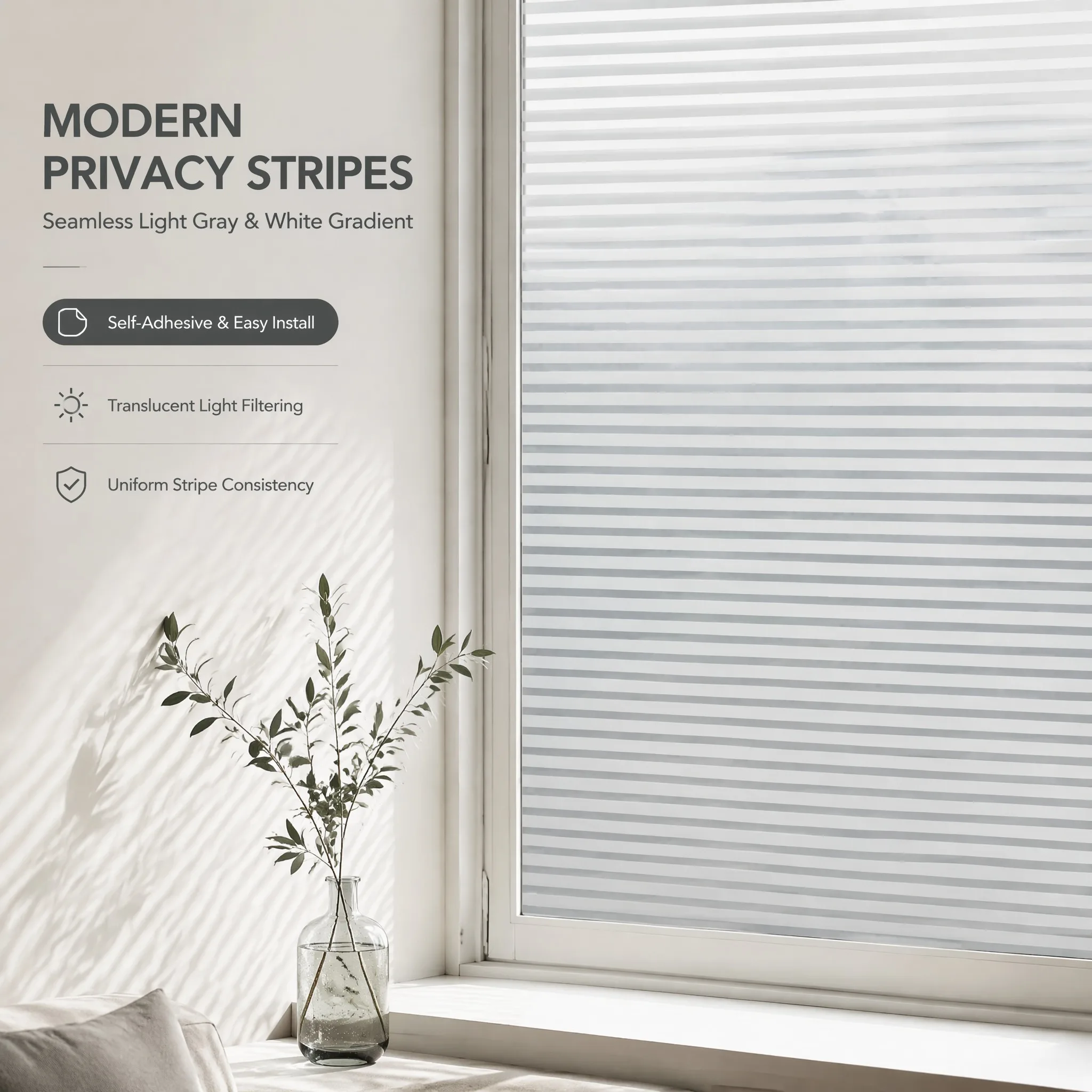 Self-Adhesive Horizontal Striped Frosted Window Film, Waterproof UV Block Removable No Residue Light Gray Gradient Privacy Glass