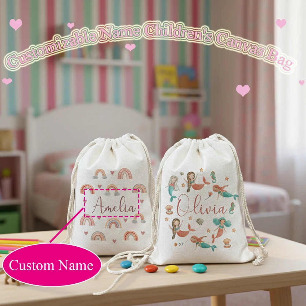 

Детская парусиновая сумка на шнурке с милым принтом, рюкзак с индивидуальным именем, подходит для школы, плавания, пикника, детский подарок на день рождения, практичный