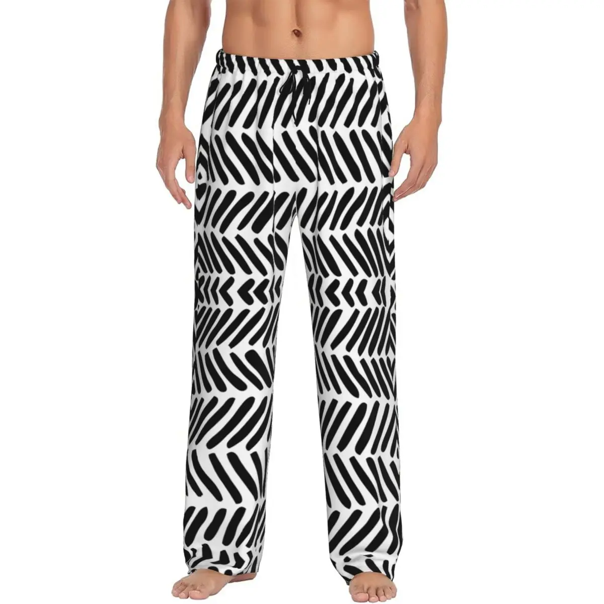 

Черно-белые абстрактные пижамные штаны с узором «елочка», мужская одежда для сна, эластичные штаны для сна с карманами