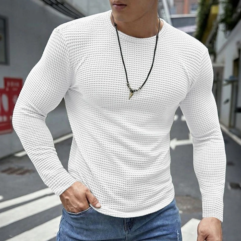 Casual Waffle Solid Color Sweatshirts For Mens Autumn Leisure Long Sleeve Crew Neck Pullover Tops Men Fashion Bottoming T-shirts