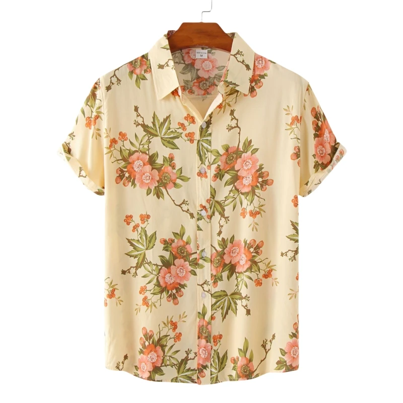 Hawaiian Cotton High Quality Oversize Short Sleeve Shirts Man Shirt Luxury Brand Men\'s T-shirts Fashion Clothing Blouses Social