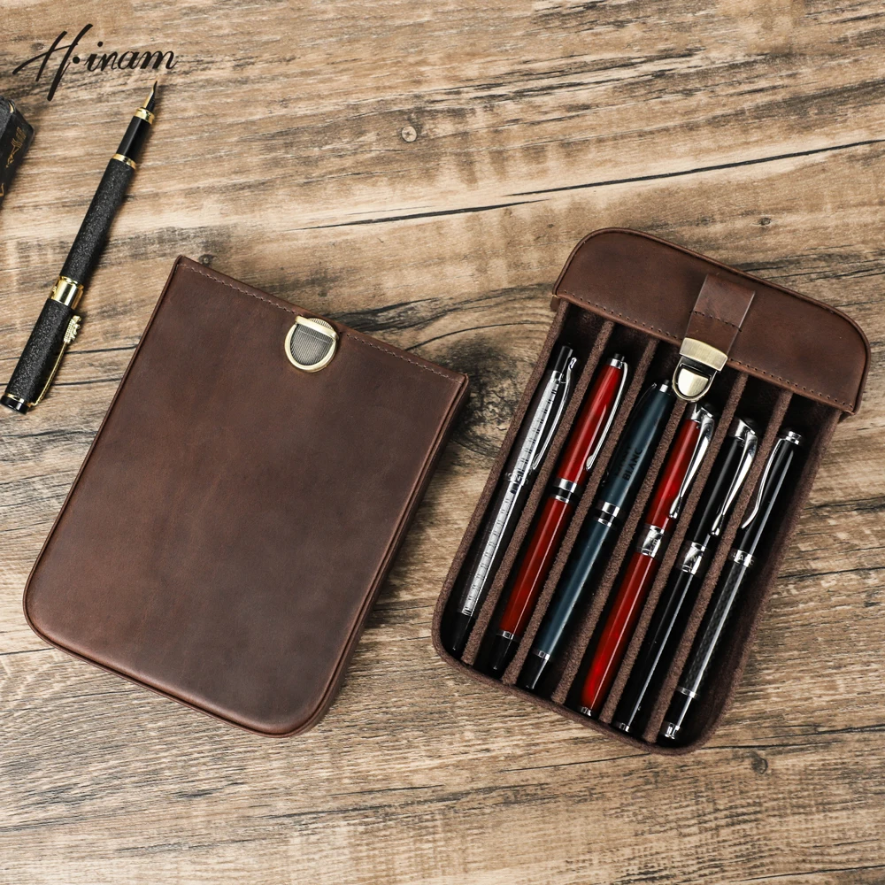 Retro Genuine Leather 6 Slots Pen Case With Removable Pen Tray Holder Metal Decorative Office School Pouch Creative Pencil Case