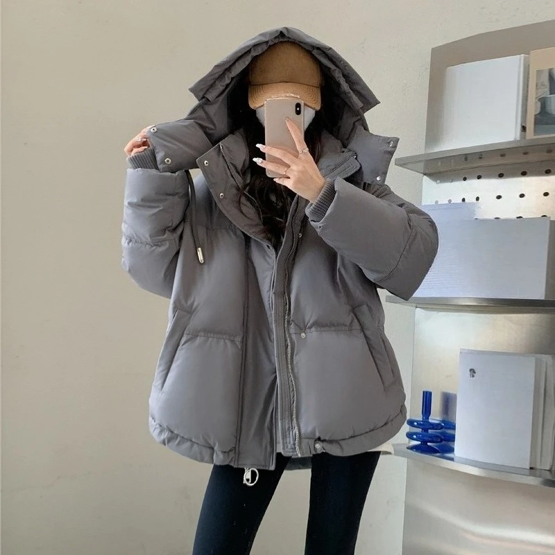 

Женская зимняя повседневная свободная теплая куртка, новая однотонная толстая пушистая модная хлопковая одежда с капюшоном