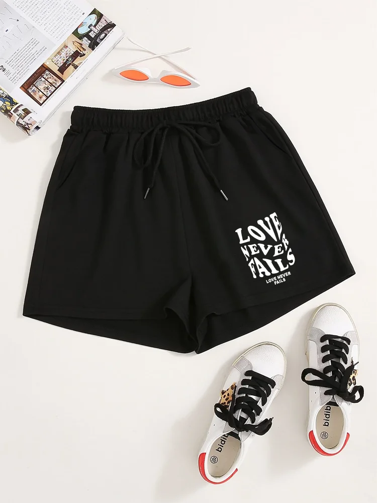 Love Never Fails Letter Print Shorts, Casual Slim Elastic High Waist Workout Shorts, Women's Clothing