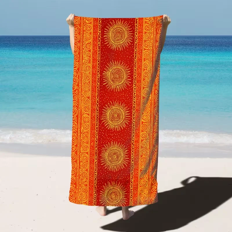 Bohemian Sun Print Beach Towel Quick Dry Lightweight Absorbent Ethnic Swirl Pattern Towel for Summer Vacation Swimming Pool Yoga