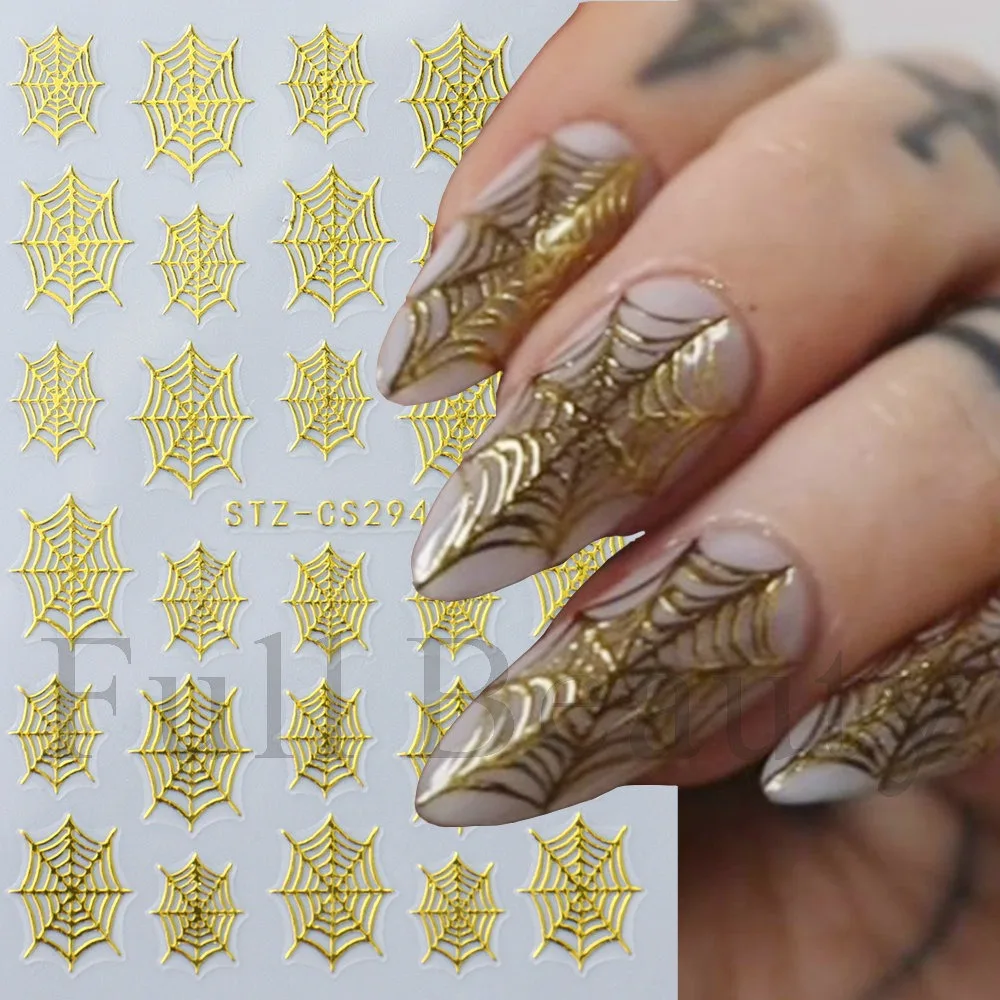 1Pc Silver Spider Web Halloween Nail Stickers, Sparkly Decals, Adhesive Sliders for Manicure Art Decor