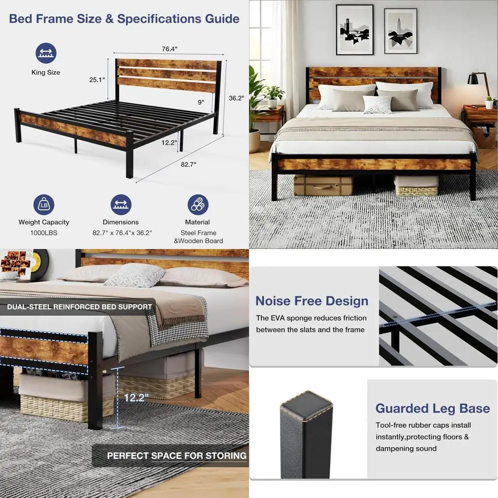 Vintage Style King Size Bed with Metal Support, Underbed Storage, No Box Spring, Quiet, Easy Assembly, Anti-Slip Edges, Rustic B