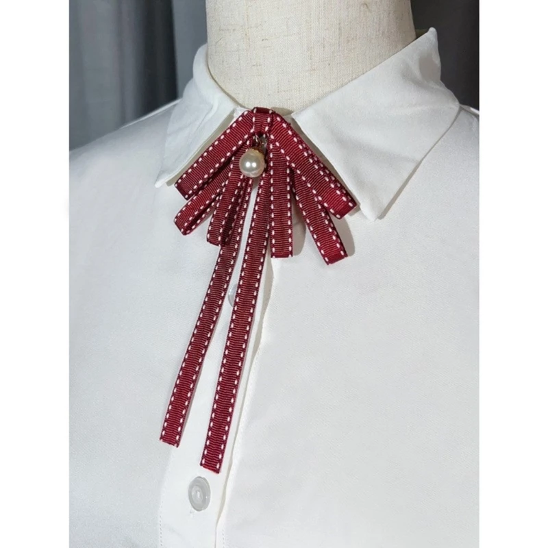 Damski zawiązany krawat z kokardką ze sztucznych pereł kokardki broszka ze wstążką szpilka damska elegancka regulowana koszula z kołnierzem dla