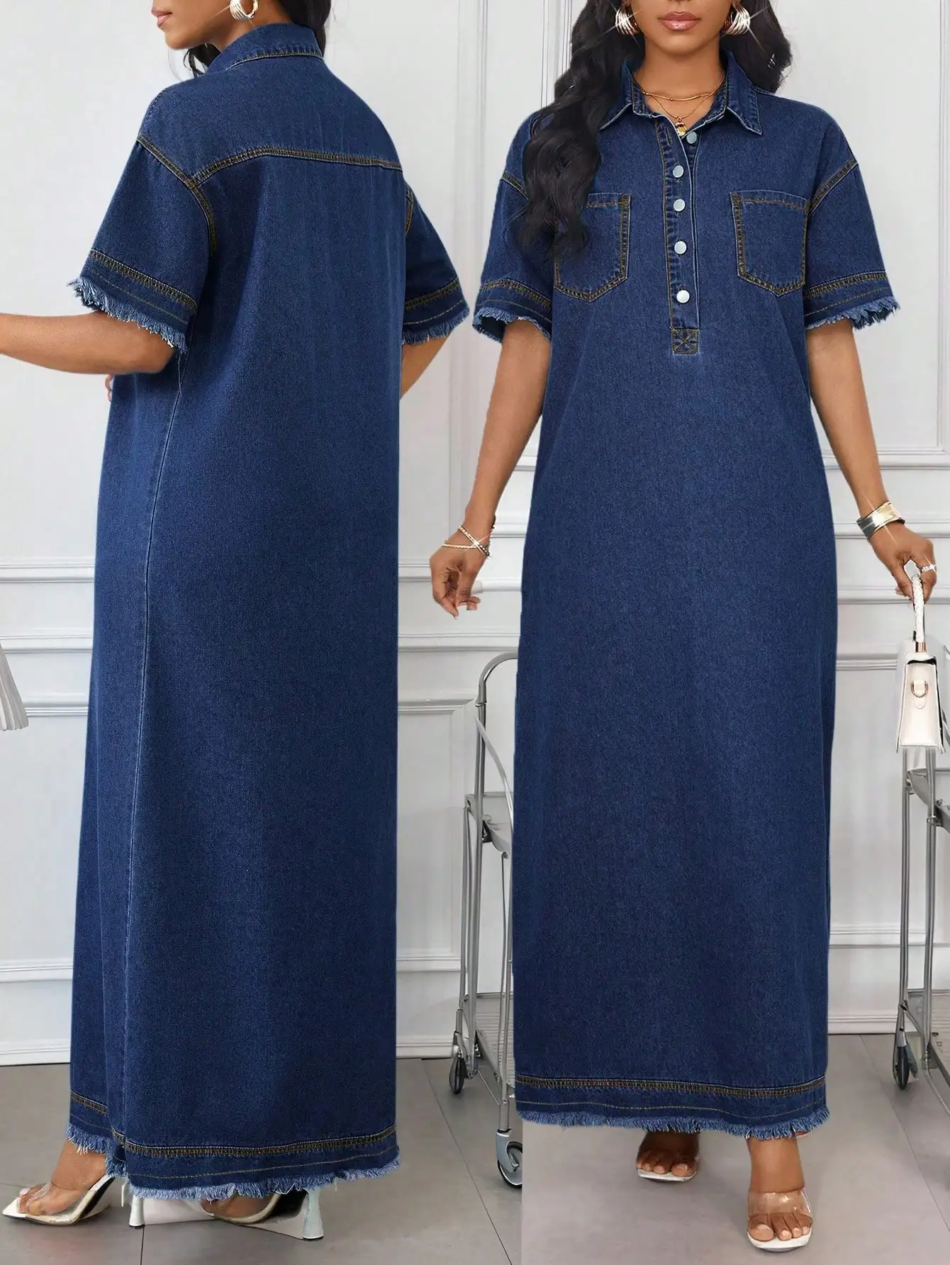 

Женское повседневное джинсовое макси-платье с короткими рукавами, карманами и застежкой на пуговицах спереди