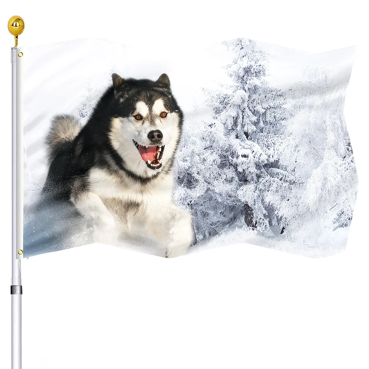 Siberian Husky Dog Flag Funny Animal Snow Winter Forest Double Stitched Indoor and Outdoor Decor Party Flags with Brass Grommets
