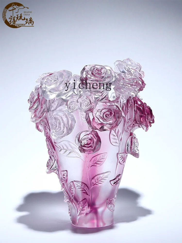 Zf high-grade glazed rose vase ornament, living room flower arrangement wine cabinet decoration, high-end housewarming gift