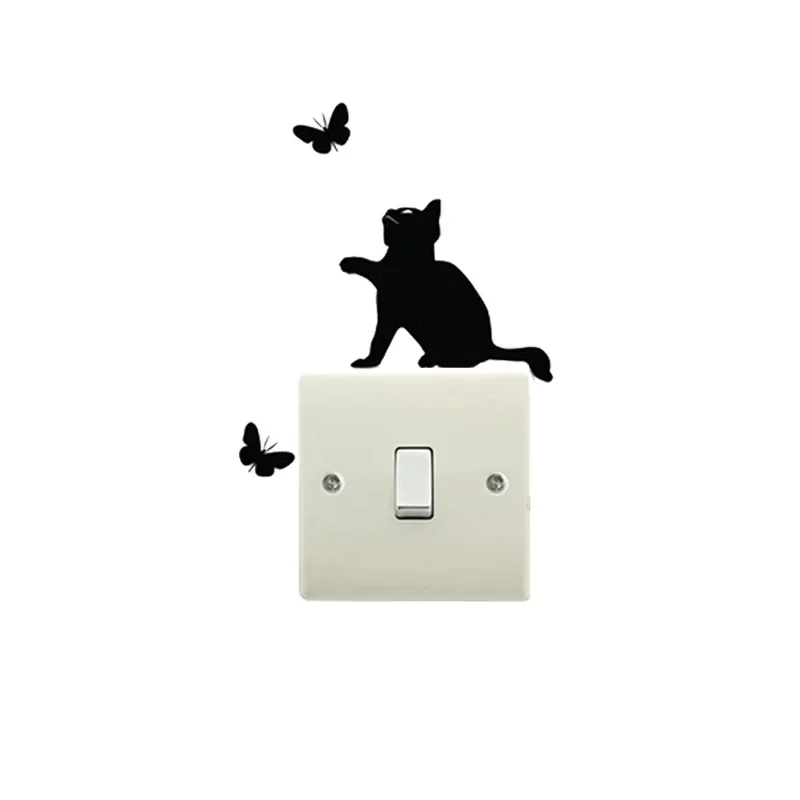 Cute Cat And Butterfly Interesting Wall Switch Decal Vinyl  Home Decor Decals Waterproof Removable Wall Stickers Sticker