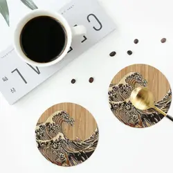 The Great Hokusai Wave In Bamboo Coasters Leather Placemats Non-slip Insulation Coffee Mats Kitchen Dining Pads Set of 4