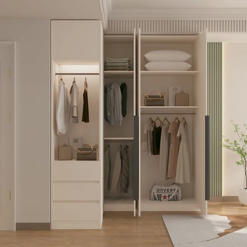 Armoire d'angle en forme de L, commode intégrée, une porte au dessus de la chambre à coucher, petit appartement crème vent