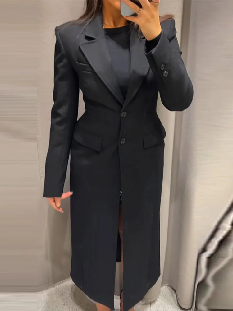 Elegant Long Blazer Coat Women Single Breasted Black Loose Long Sleeve Shoulder Pads Thicken Suit Jacket Female 2025 Spring Tops