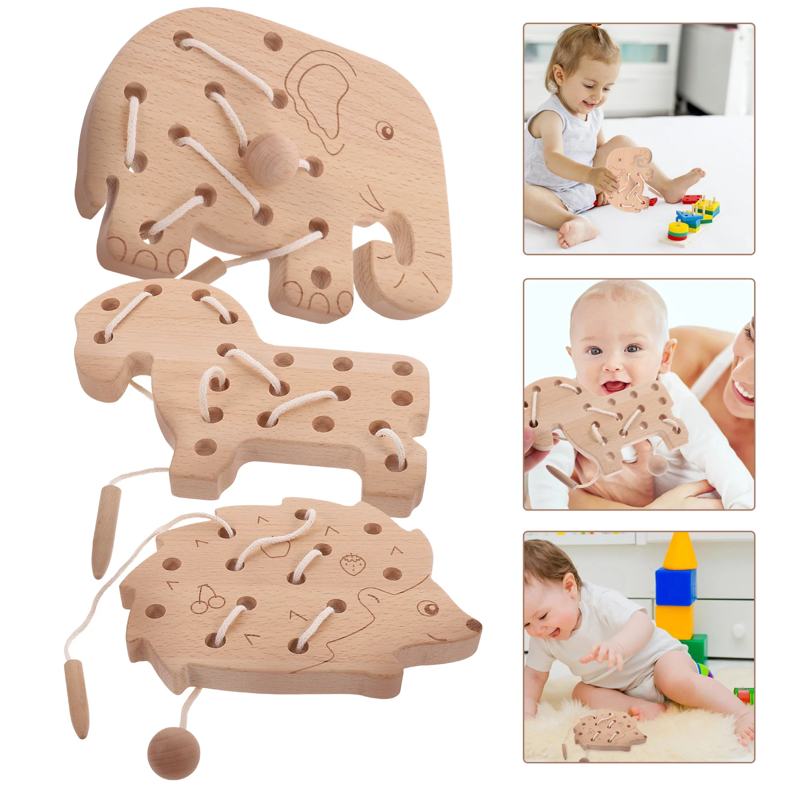 1 Set Holzfädeln für Kleinkinder, pädagogisches Puzzlespiel, Kinder-Holzspielzeug, kognitives Cartoon-Schnürbrett