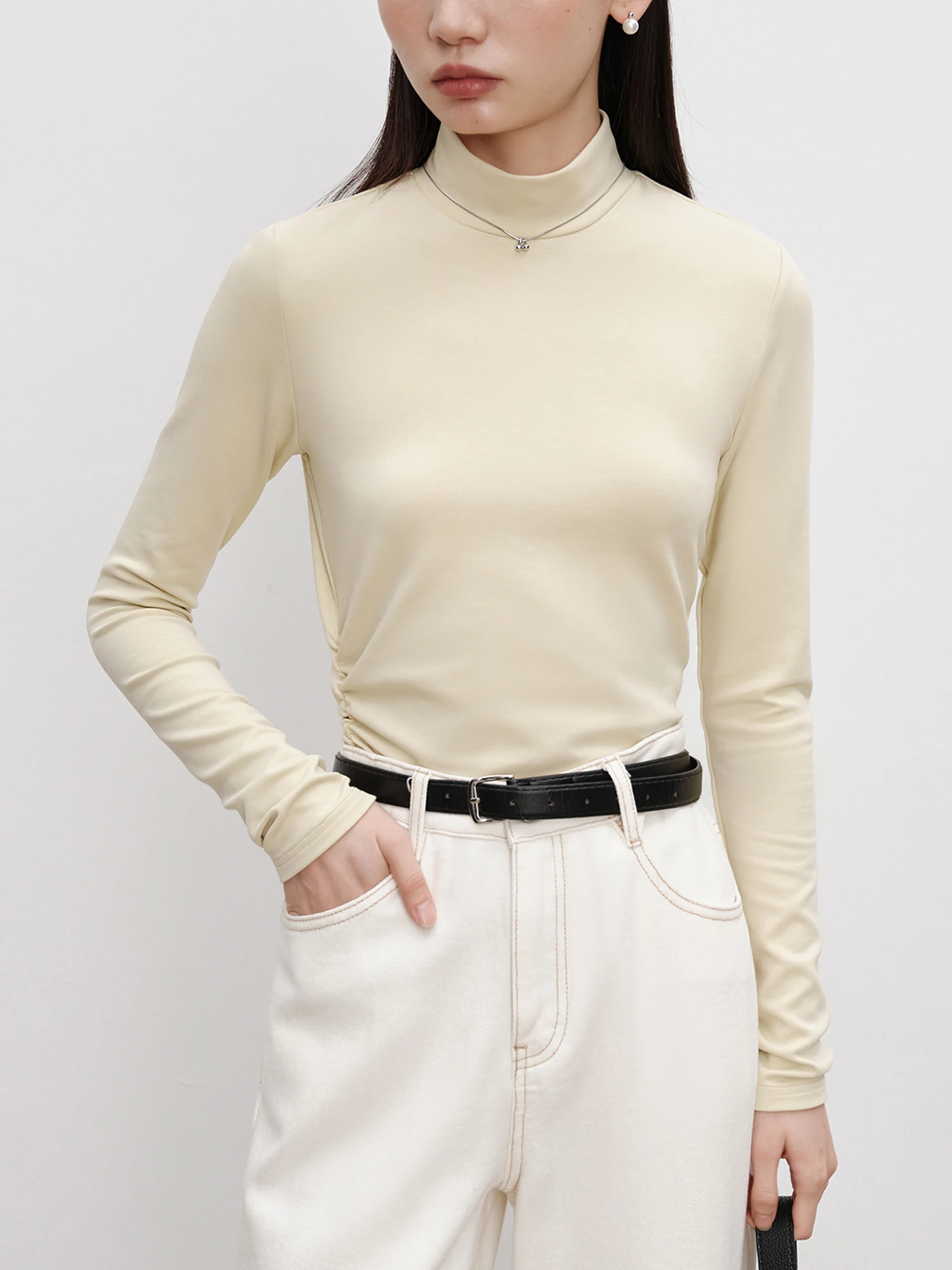 ZIQIAO【3 Colors】Women Beige Pullover Top Autumn New Round Neck Thin Sweater Halfmock Neck Bottoming Shirt 24ZQ93200+24ZQ93263