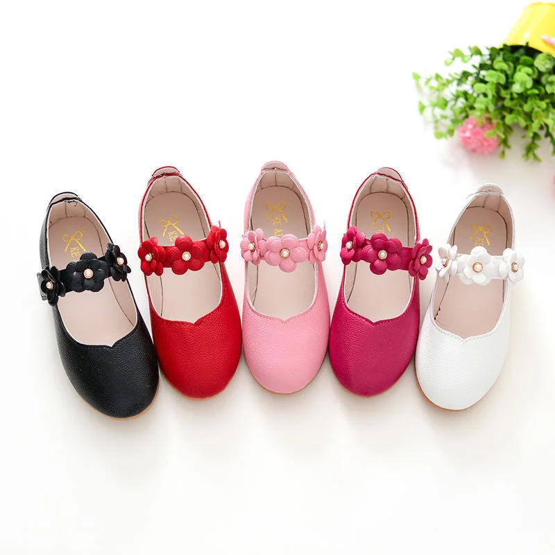 Girls Princess Leather Shoes Students White Single Shoes Colorful Floral Dance Shoe Pearl Design Children Performance Shoe