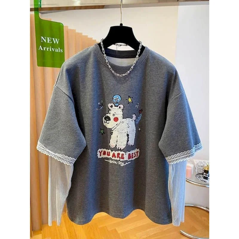 

Printed T-shirts for Women Elegant O-neck Fake Two Pieces Tees Casual Korean Style Long Sleeved Aesthetic Vintage Clothes Trendy