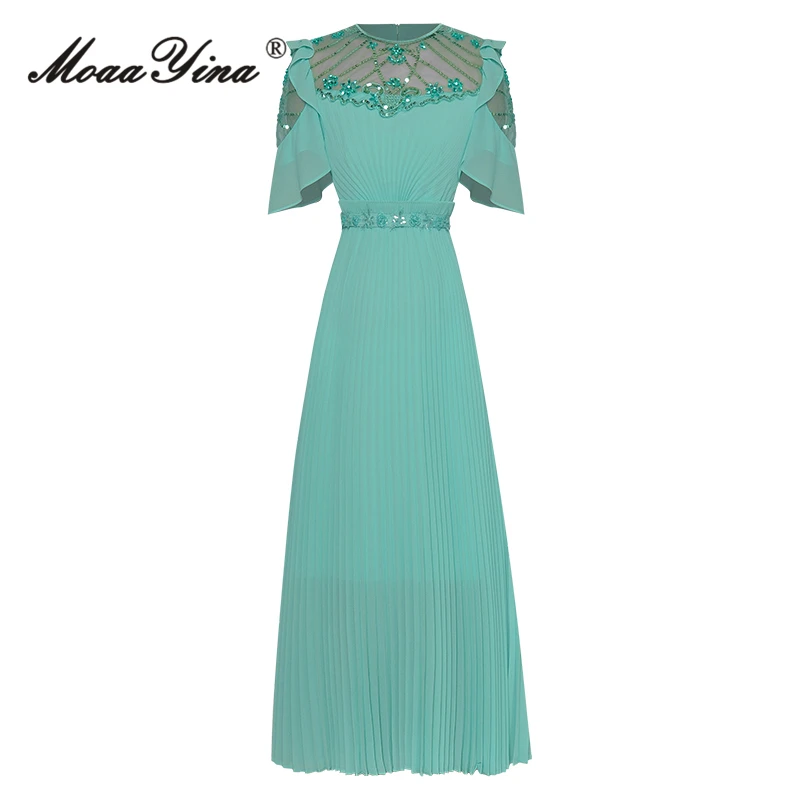 

MoaaYina Summer Fashion Runway Luxury Pleated Dress Women O-Neck Ruffles Sequins Nail Bead Diamonds Perspective Mesh Long Dress