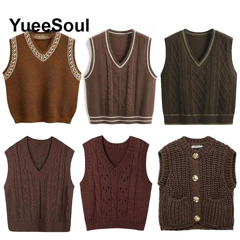 

Коричневый свитер, жилет, новинка 2025 года, однотонный вязаный жилет без рукавов Y2K, эстетичный винтажный уличный повседневный женский жилет, трикотаж
