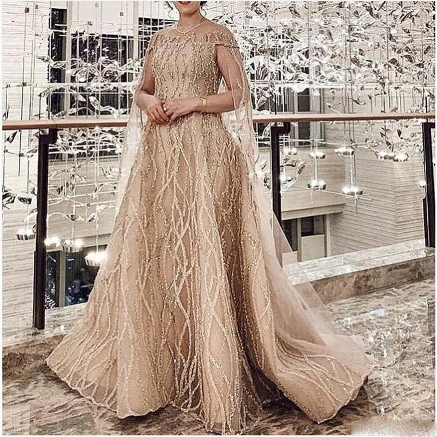 

Customized Luxury Champagne Sparkle Beaded A-line Prom Dresses With Cloak Sequined Lace Long Evening Gowns Formal Dress