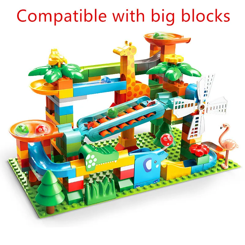 Grands blocs de construction de course de marbre pour enfants, jouets en briques, toboggan compatible, tunnel de dinosaure, boule roulante d'élan, accessoires de pièces d'animaux