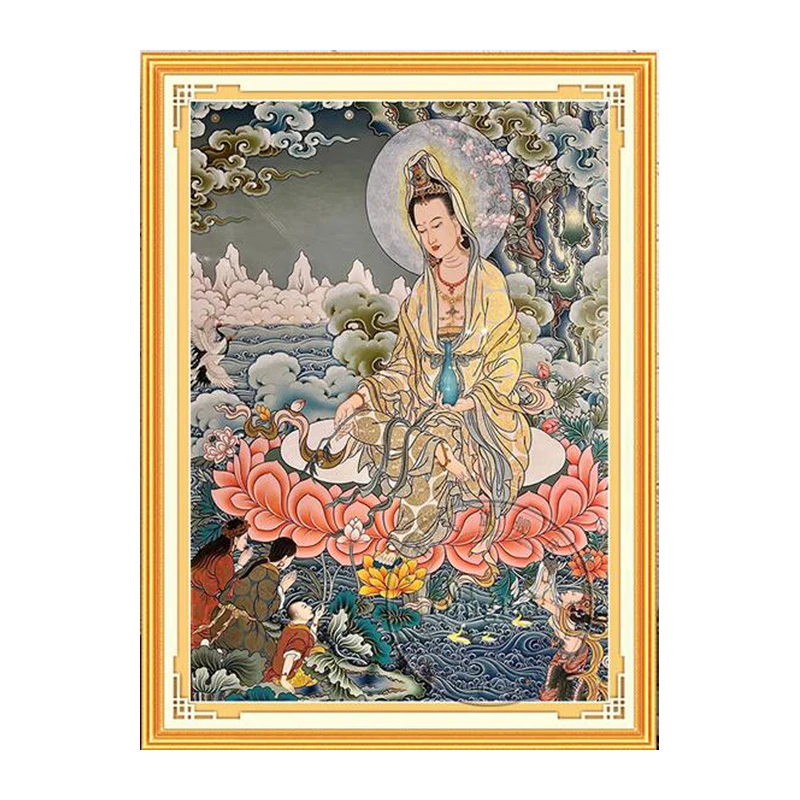 

Lotus Guanyin Large Picture Needlework,DIY Living Room Printed Cross stitch,Sets For Embroidery kit Full Silk Thread