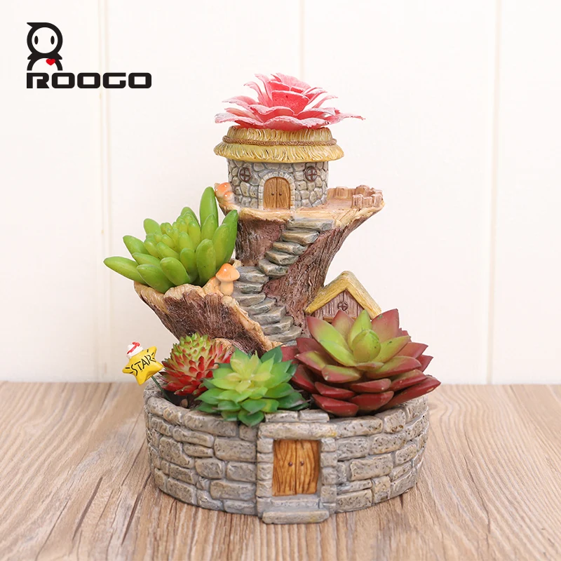 Rustic resinss Micro Landscape Tree House Cottage Tall Outdoor Planters With Bunny Statue