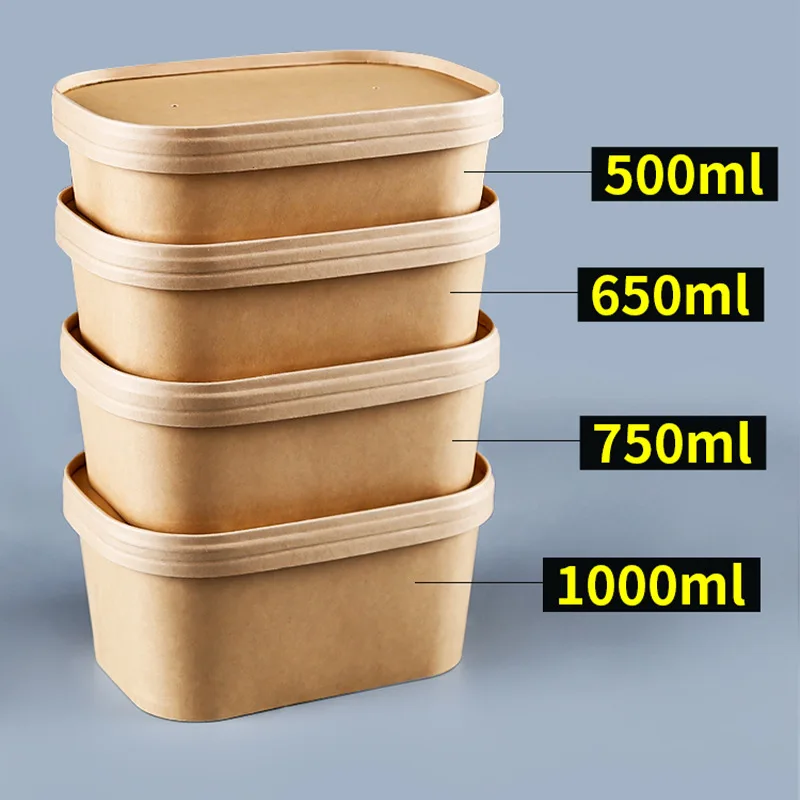 Custom Disposable Paper Bowls Kraft Paper Takeout Boxes Picnic Boxes Biodegradable Food Containers Salad Lunch Boxes Rectangular