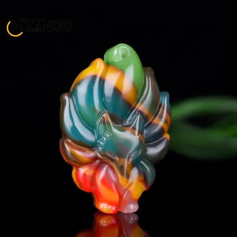 Naturalny chiński kolorowy wisiorek z lisem z jadeitu Hetian kolor jadeitowy naszyjnik ręcznie rzeźbiony Amulet na szczęście luksusowa biżuteria damska prezent świąteczny