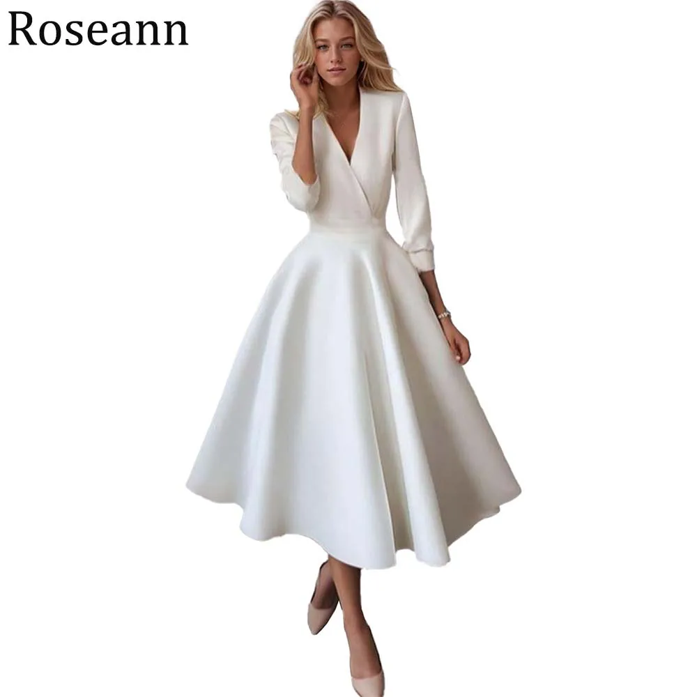 

Customized Elegant Simple Midi Wedding Dresses 2026 V-Neck 3/4 Sleeve Short Bridal Gowns Prom Dress for Women Vestidos De Novias